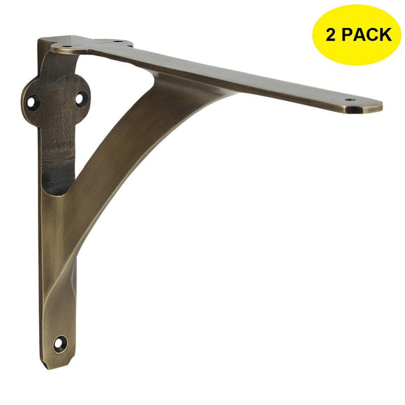Set of 2 Classic 5 7/8 Inches Brass Shelf Brackets with Antique Brass Finish Heavy Duty Adjustable Support Brackets Easy Installation Hardware